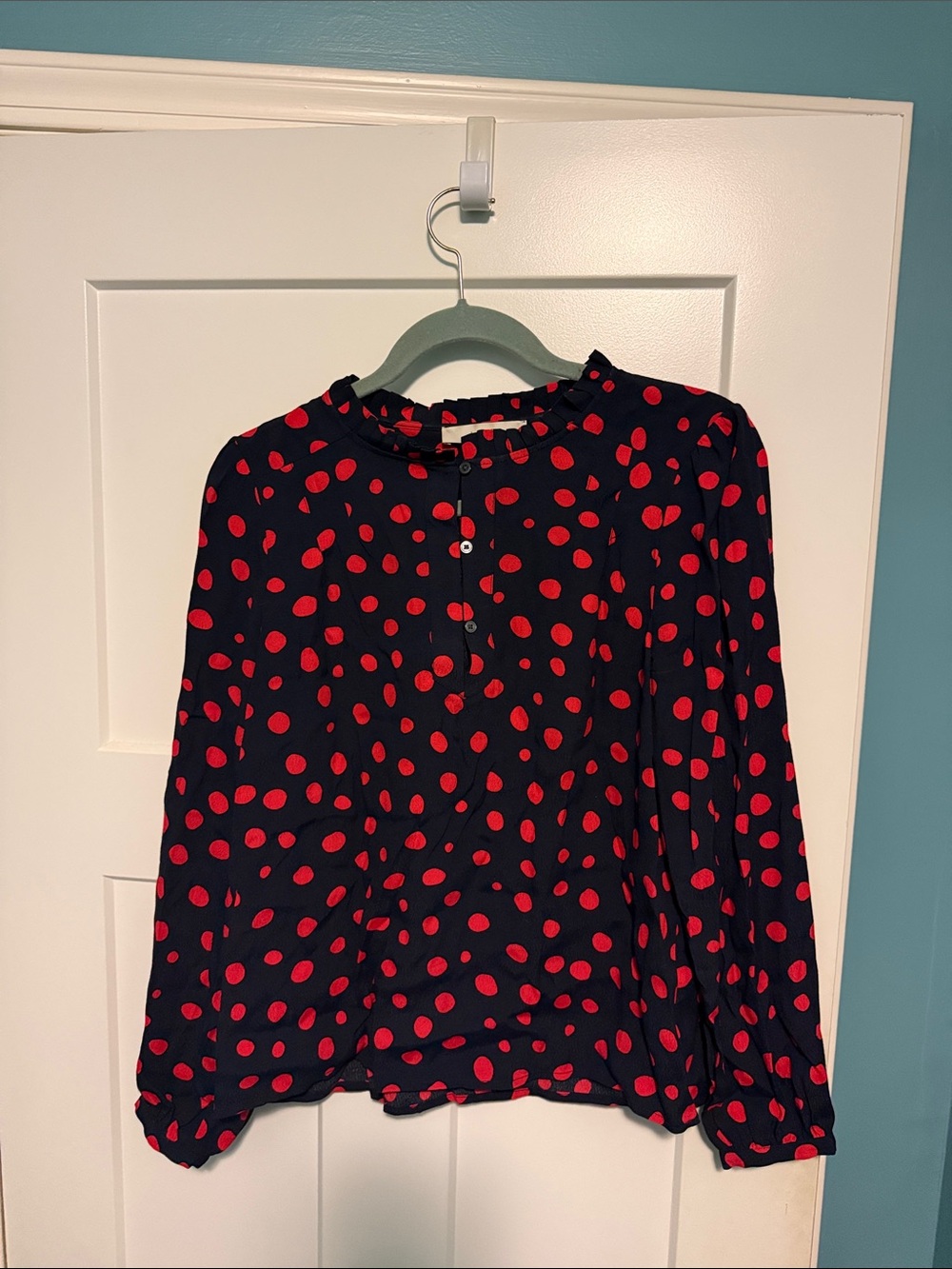 LOFT Navy Blouse with Red Polka Dots